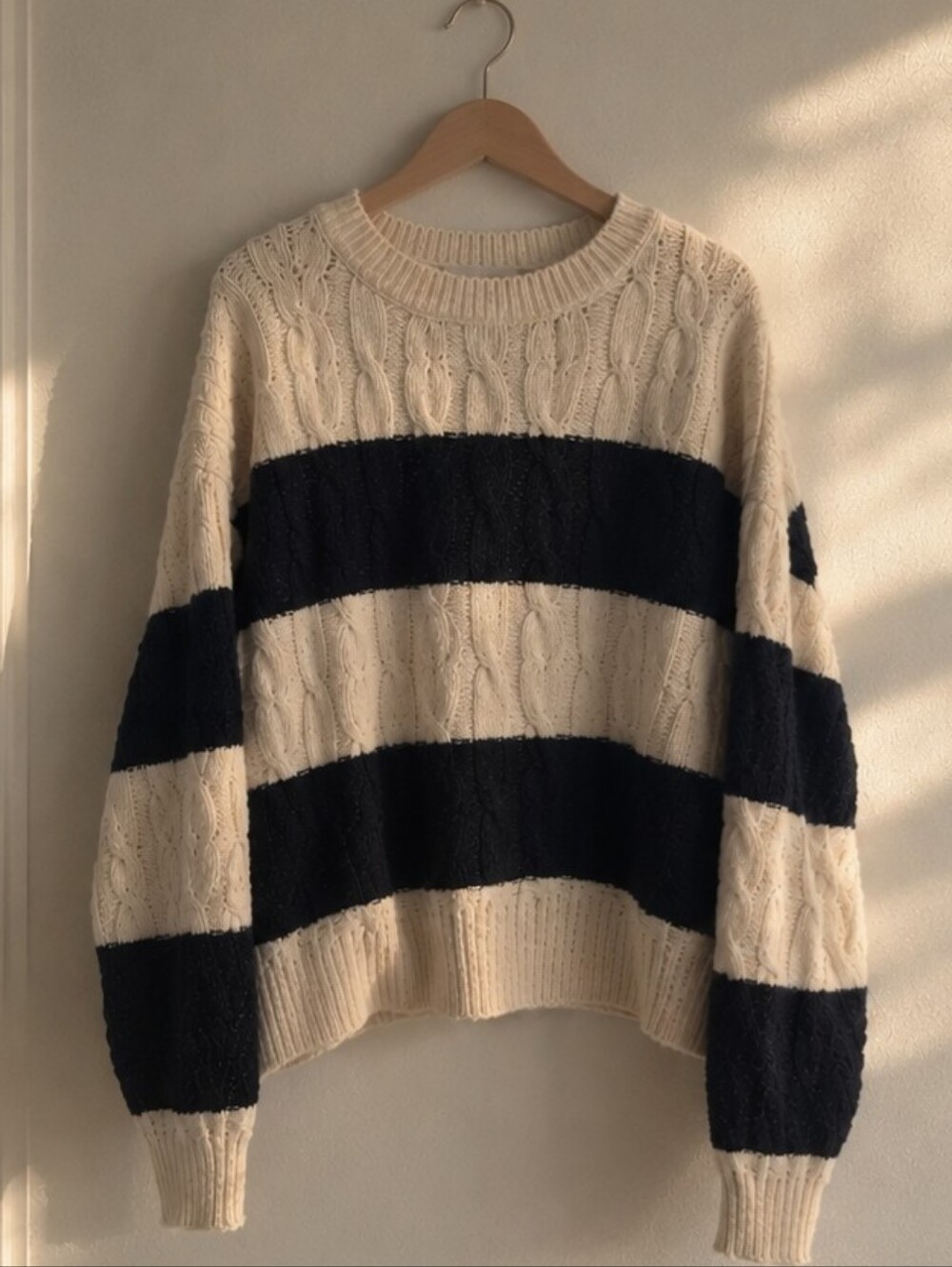 Navy & Cream Striped Cable Knit Sweater | Fall/Winter Cozy It-Girl🍂
